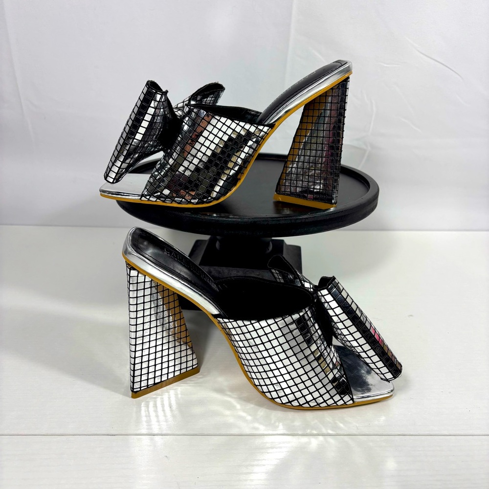 Cape Robbin Women's Disco Ball Black & Silver Grid Block Big Bow Heels Size 7.5 - Picture 2 of 10